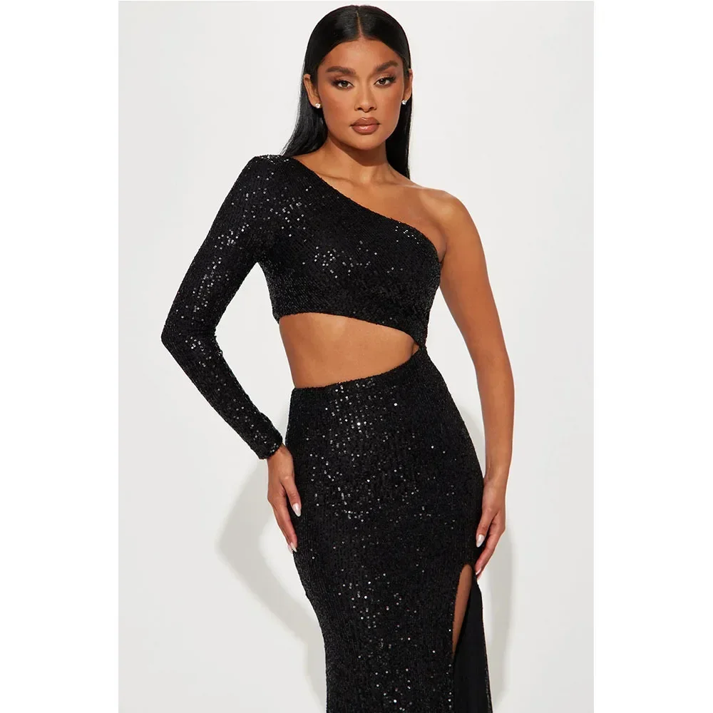Party Dresses for Women Sexy Sequin Night Robe One Shoulder Long Sleeve Bodycon Evening Maxi Dress Clothing