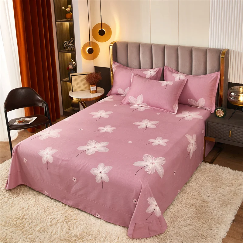 

White Flower Printed Bed Sheet Set Simple Pink Cotton bedspread Thickened Bedding Set Luxury Soft Flat Sheet with Pillowcases