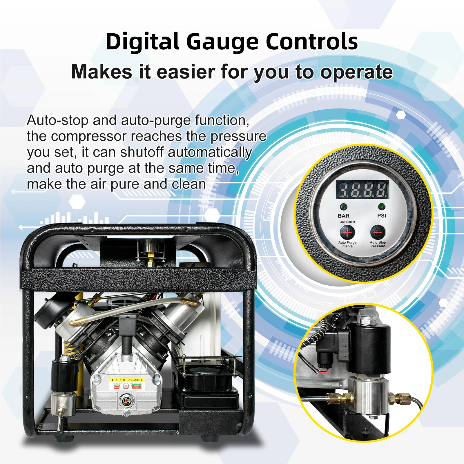 TUXING TXEDT031 High Pressure PCP Air Compressor with One-touch Deflation and Auto Stop Built-in Filter for Diving Scuba Tank