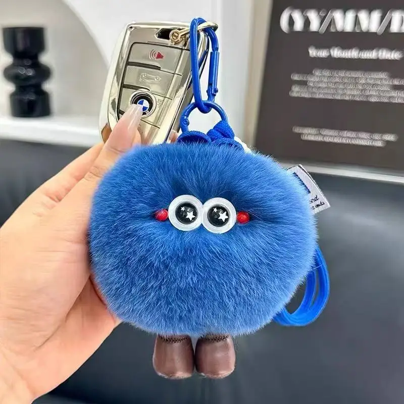 Cute Rex Rabbit Fur Blueberry Hand Cord Pendant Plush Doll Car Keychain Bag Decorations for Women Soft Toy Accessory
