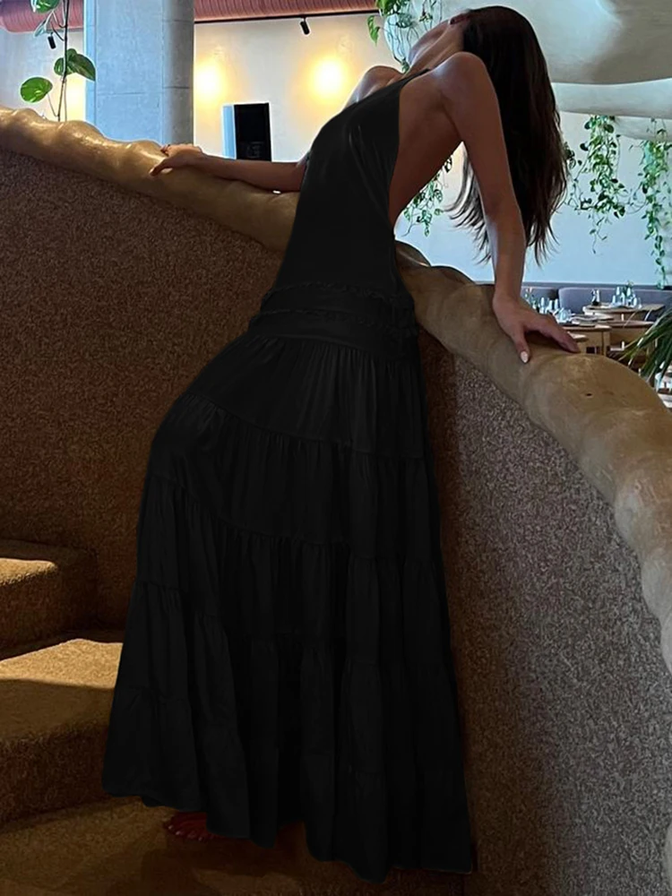 Sisterlinda Ruffleซ้อนชุดMaxi Halter Solid SlashคอBacklessจีบหลวมVestidosหญิงคลาสสิกเทศกาลFrock