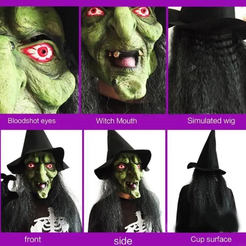 B95F Maschera da strega vecchia Maschera verde Maschera Halloween Maschera inquietante Maschera horror spaventoso Costume con
