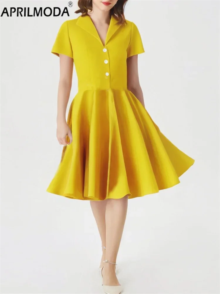 Short Sleeve Swing Retro Pinup Rockabilly Office Evening Dress 50s Cotton Yellow Solid Hepburn Summer Vintage Runway Party Dress