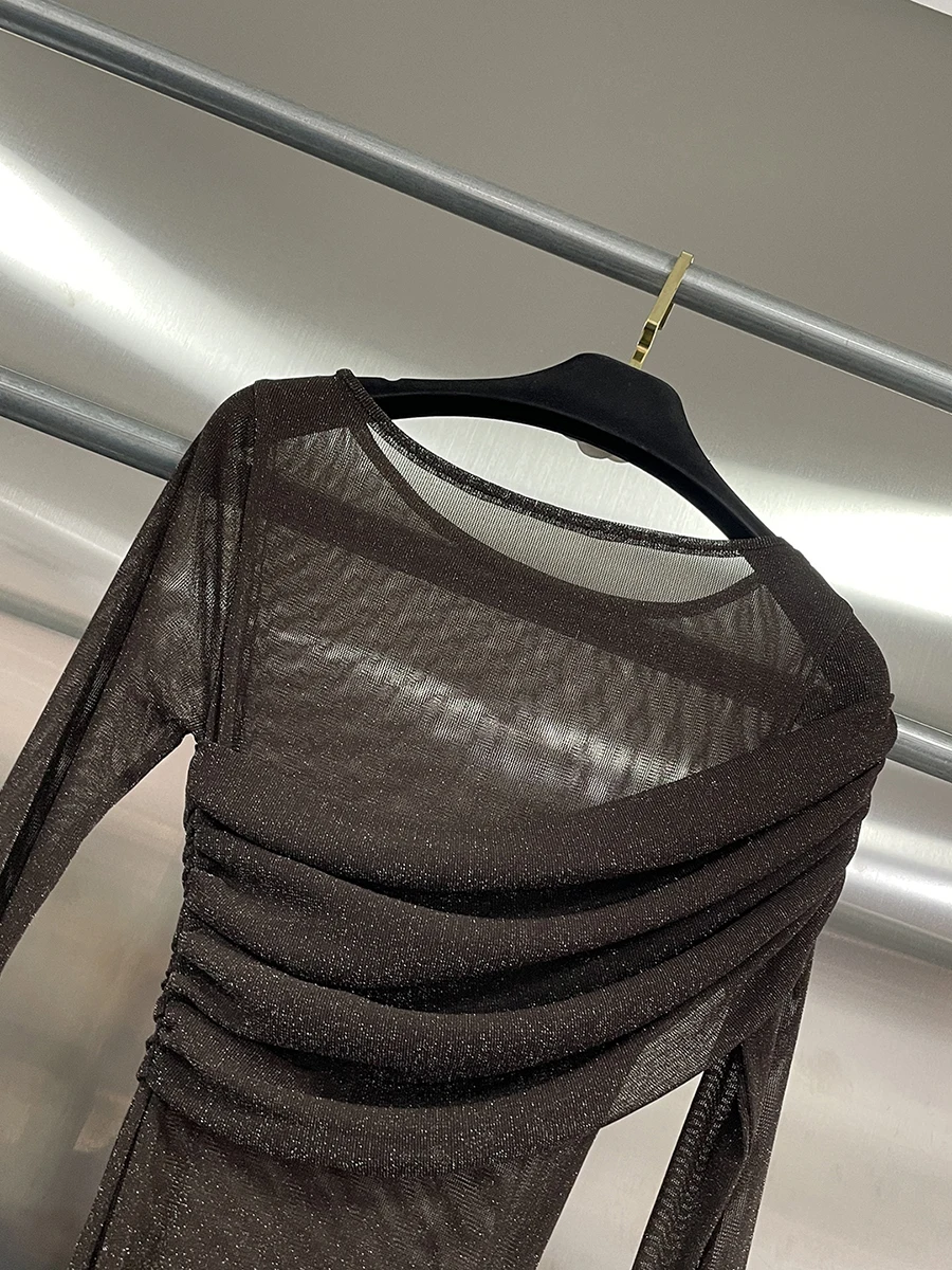 CHICEVER 커피 스플라이스드 폴드 파티 드레스 여성용 O넥 긴 소매 슬림 빈티지 문학적 여성 드레스 패션 스타일 신상품