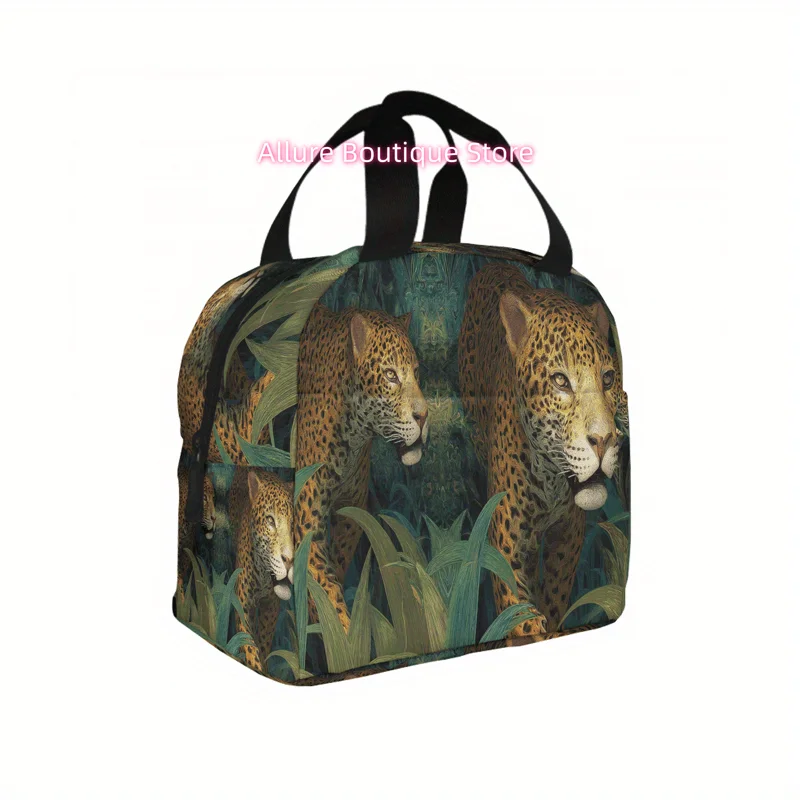 1pc Leopard Print Lunch Box-Like Lunch Bag for Adults - Two-Sided Jungle Design with Black Strap, Green/Yellow/ -like Leopards,