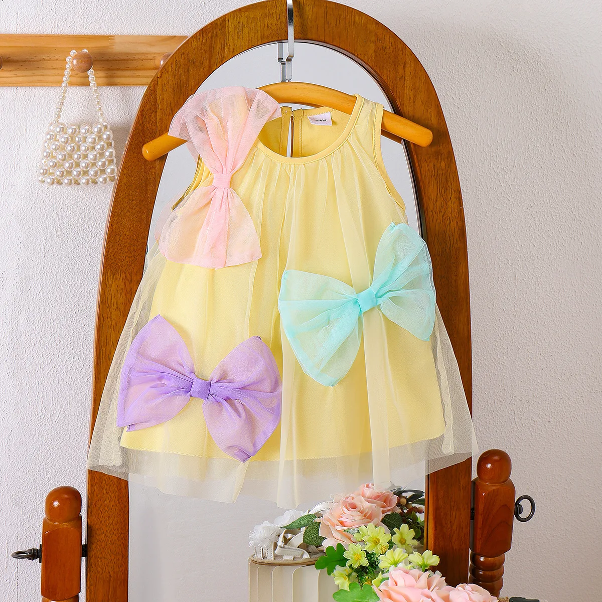 

Детская одежда, европейская и американская детская одежда, абрикосовое сетчатое платье с бантом, модный повседневный детский костюм