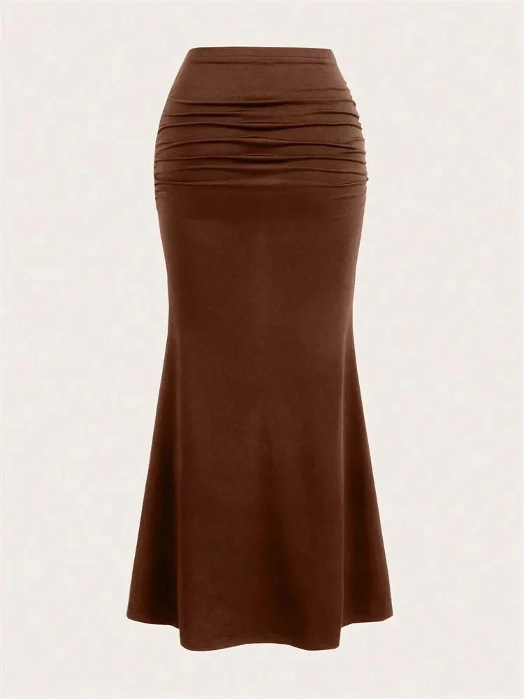 Summer New Women Solid Bodycon Ruched Long Skirt Sexy Black Elastic Elegant High Waist Mermaid Female Maxi Skirts
