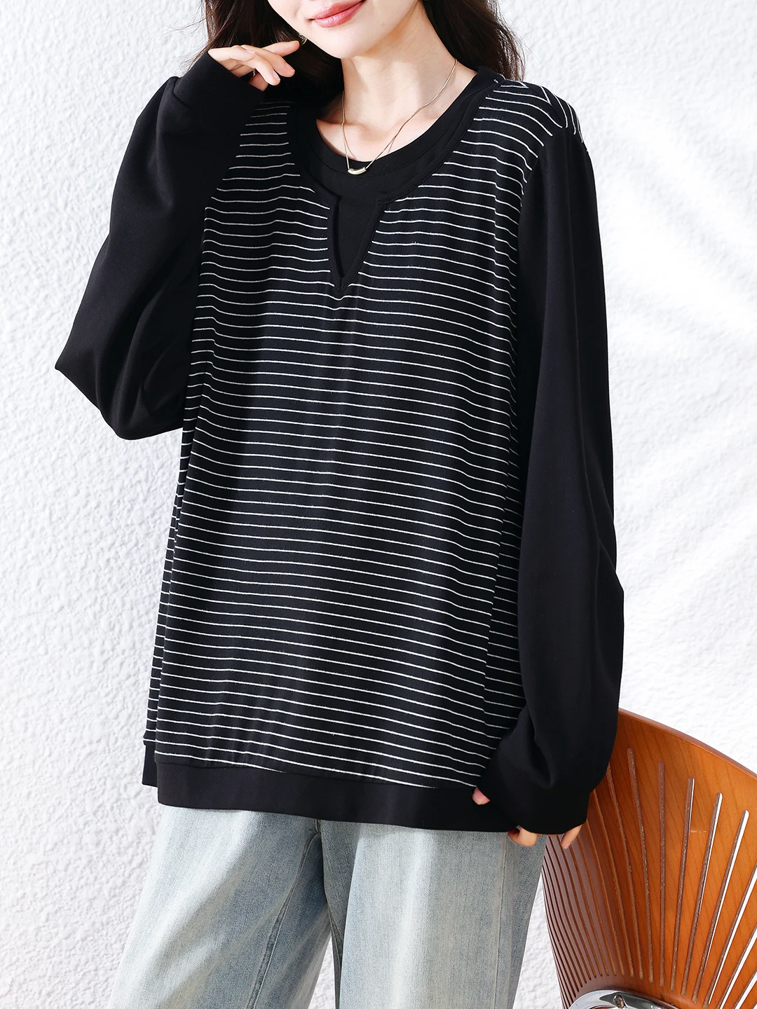 Autumn New Style Long Sleeve Striped Patchwork T-Shirt Meat Covering Commute Base Shirt Outlet Store Ladies Fashion Linen Mat...