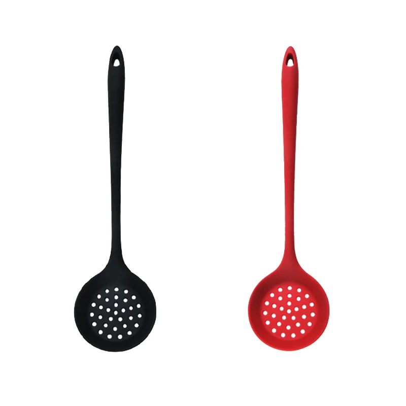 2 Pack Silicone Skimmer Spoon, Non-Stick Colander Spoon Strainer,Kitchen Ladle Filter Spoon With Long Handle,Red&Black