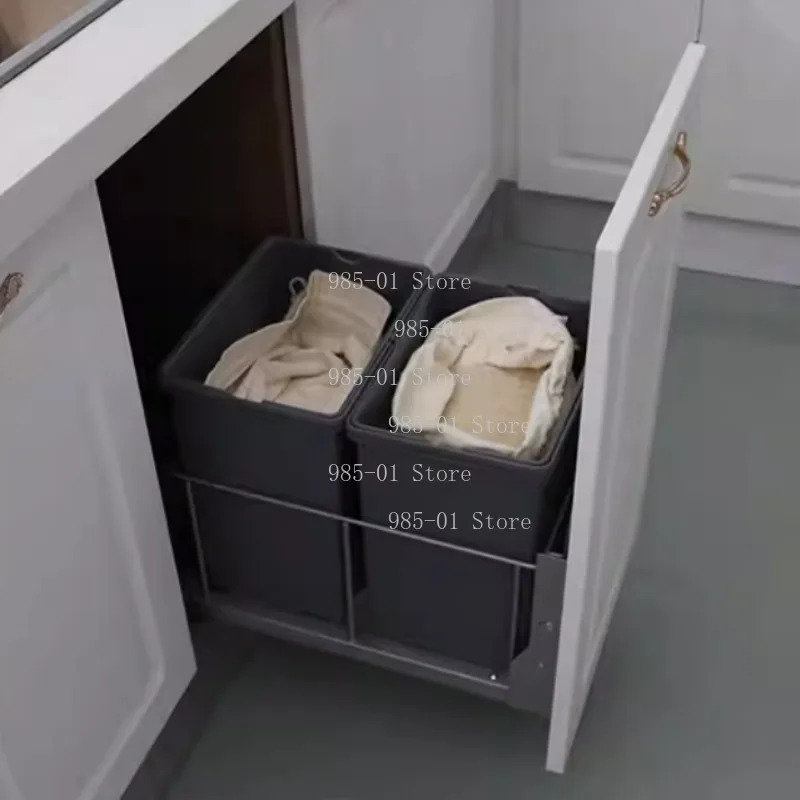 

Recessed Pull-Out Kitchen Trash Can with Lid Tall Narrow Hidden Sorting Bin Cabinet Built-In Storage Basket