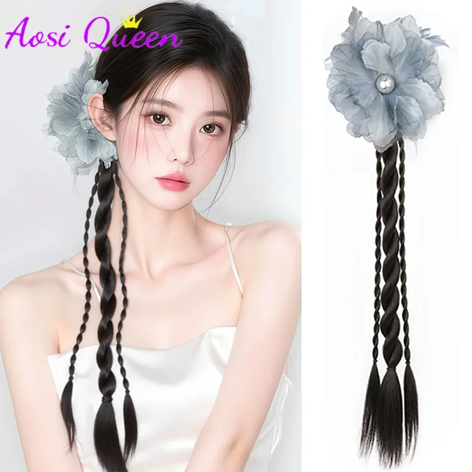 AOSIQUEEN Synthetic Wig Braid Feather Flower Clip New Chinese Side Ponytail Fried Dough Twists Cheongsam Ponytail