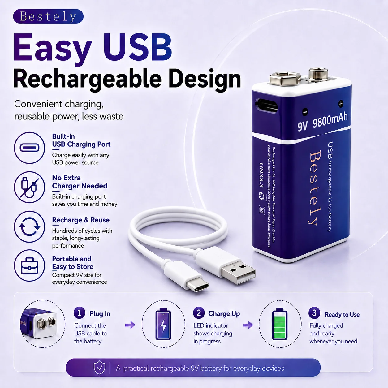 9V 9800mAh Rechargeable Lithium Battery Long Lasting USB-C Charging Battery Pack for Smoke Detector Wireless Microphone Alarm