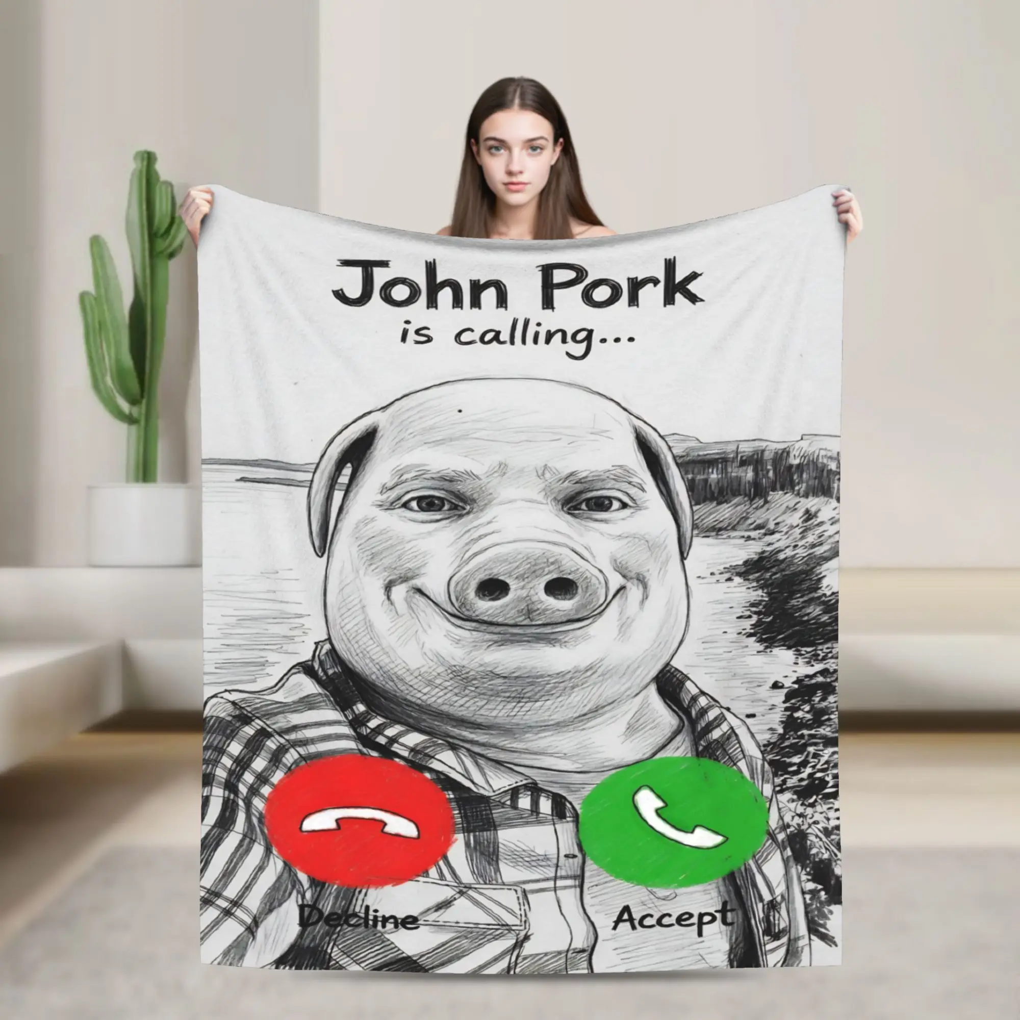 Black White Style John Pork is Calling Flannel Blanket Funny Meme Novelty Throw Blankets for Home 125*100cm Bedspread