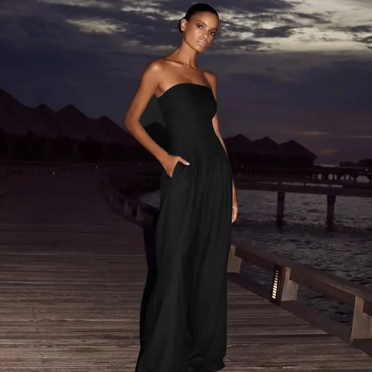 جمبسوت نسائي مثير بدون ظهر سادة مكشوف الأكتاف والخصر وجيوب واسعة الساق سروال نسائي صيفي ملابس خارجية نسائية #5