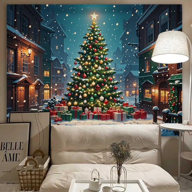VIKAMA Wall Tapestry Christmas City Square Tree Snowy Night Building Gifts Winter Holiday Wall Hanging Home Decor Living Room