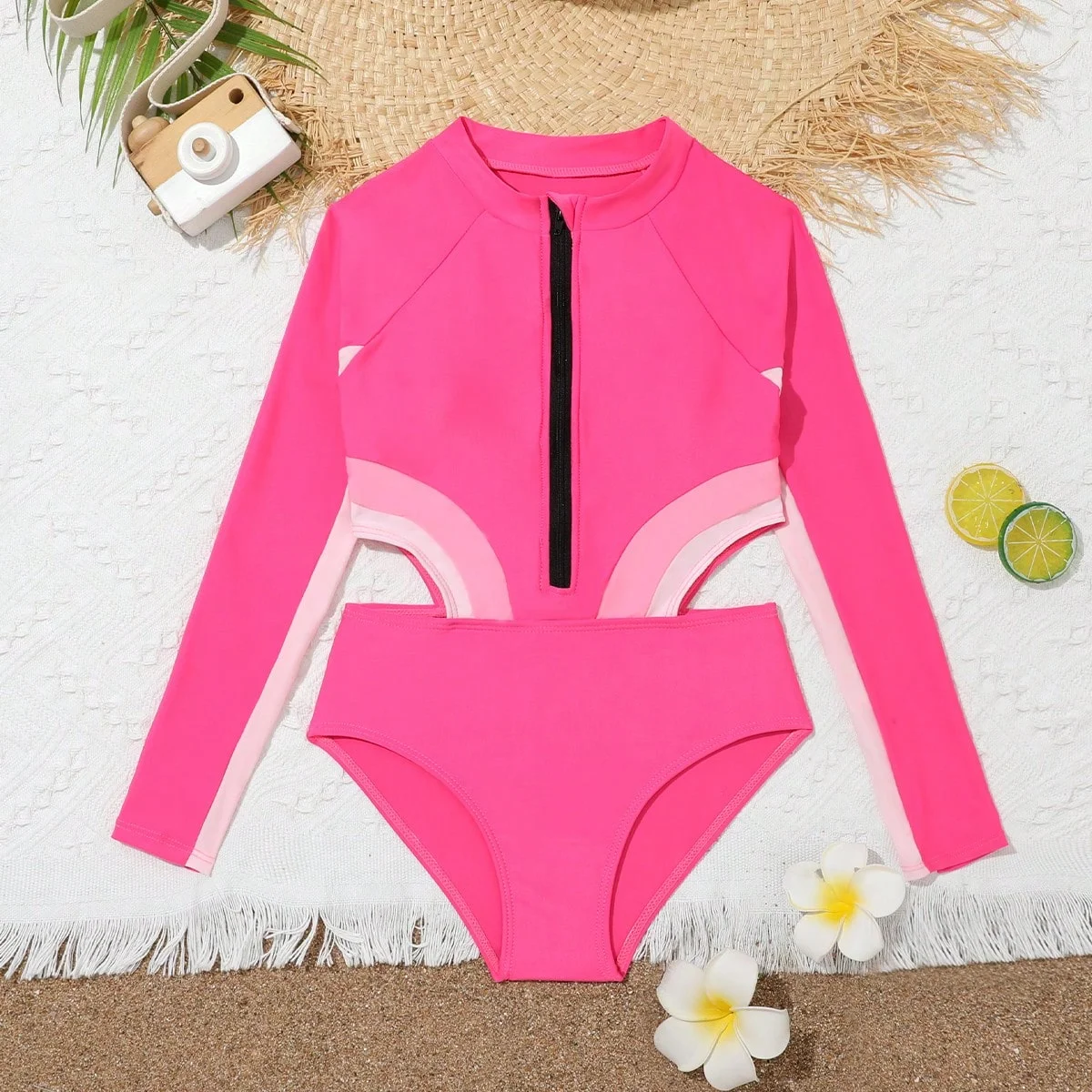 Pink Girls One Piece Swimsuit 8-12 Year Kids Swim Suit Teenage Children\'s Swimwear 2024 Zipper Surfing Bathing Suits Beach Wear