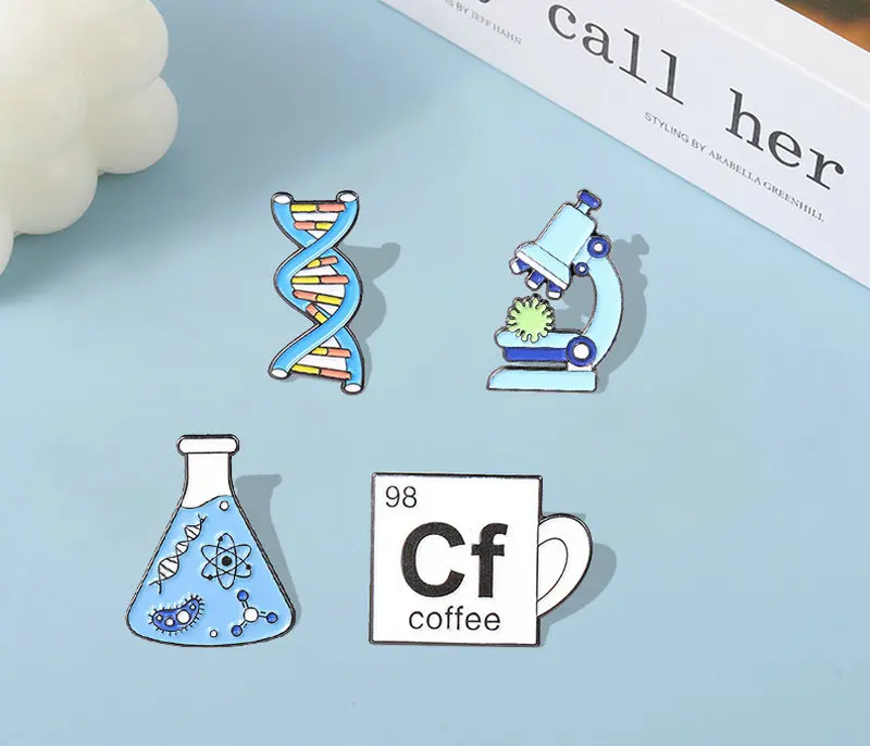 Chain Enamel Pins Custom Scientific Brooch Lapel Badge Bag Cartoon Jewelry Gift for Friends Beaker Microscope Gene