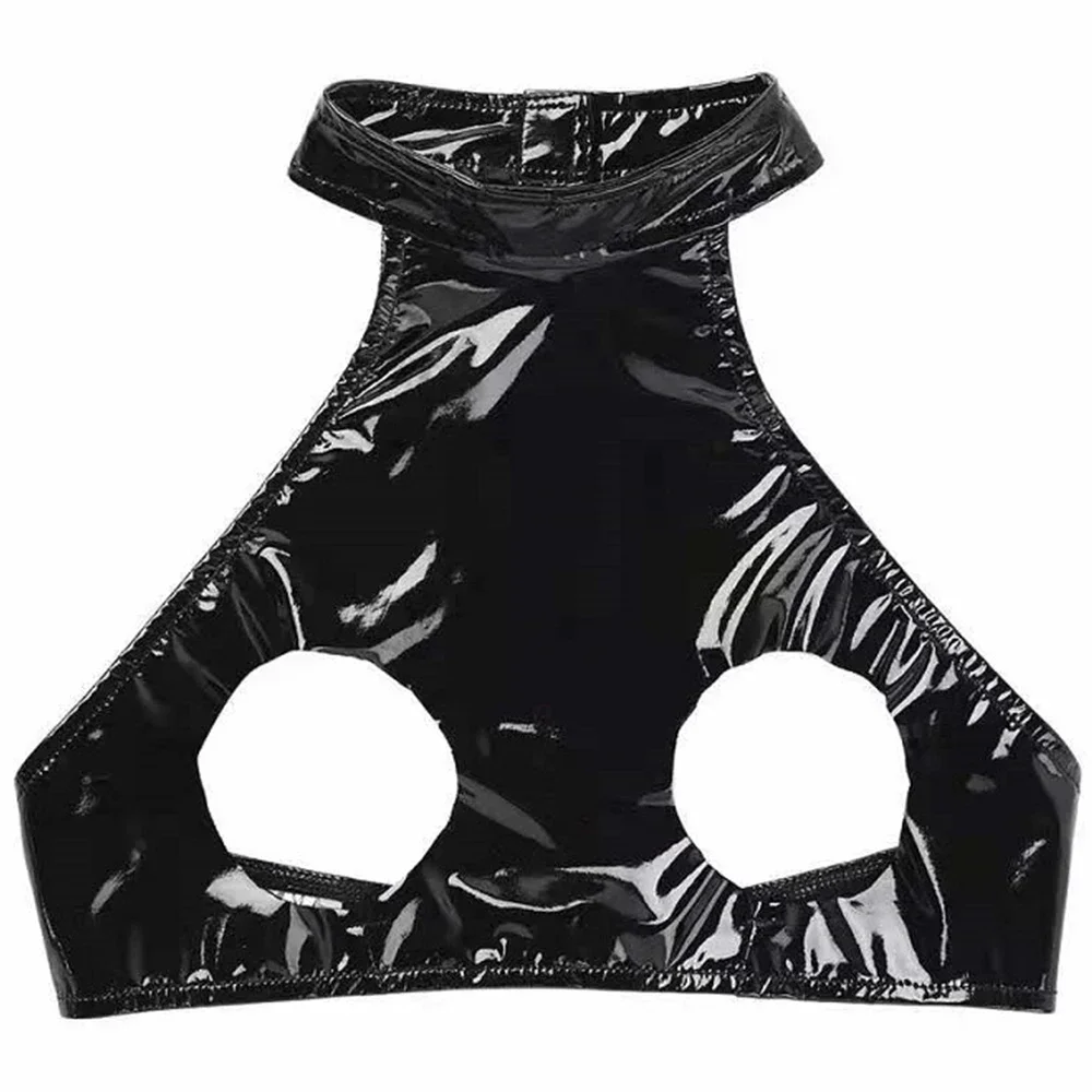 

Women Wet Look Open Cup Bras Crop Top Camisole Erotic Exposed Breasts Tank Tops Latex Halter Neck PVC Leather Lingeries Bralette