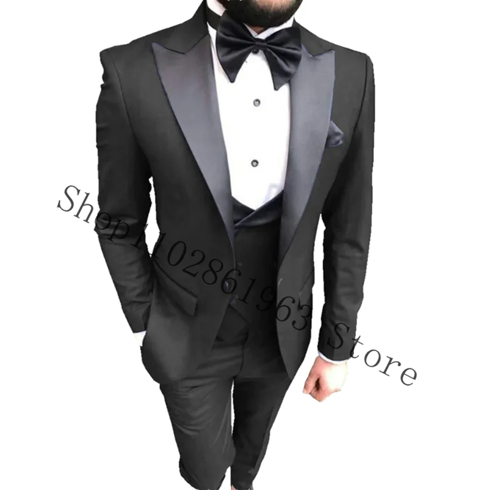 

3 Pieces Black Mens Suits Slim Fit Peak Lapel Tuxedos For Wedding Formal Groom Wear Blazer+vest+Pants Costume Homme Mariage