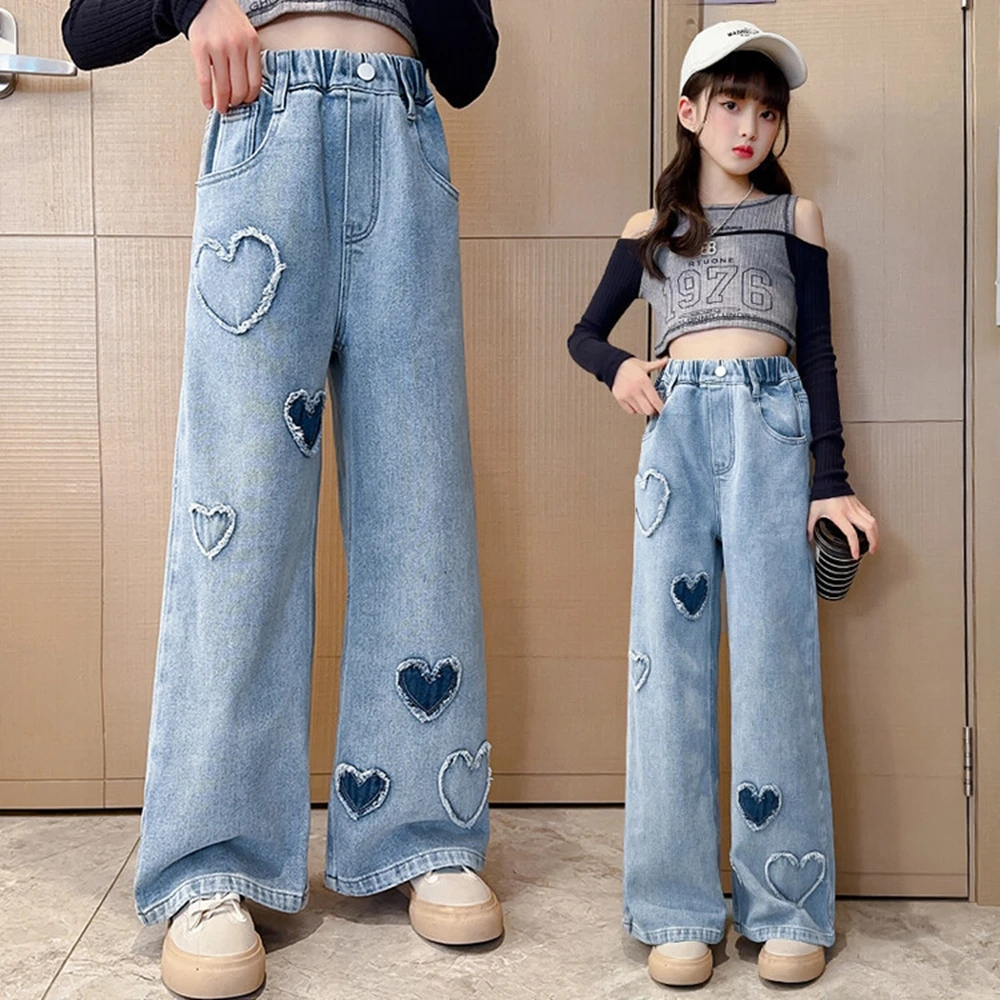 

Spring/Autumn Teenager Girls Love patch wide leg Jeans Junior Kids Straight pants 4 6 8 10 12 14 Child Trousers