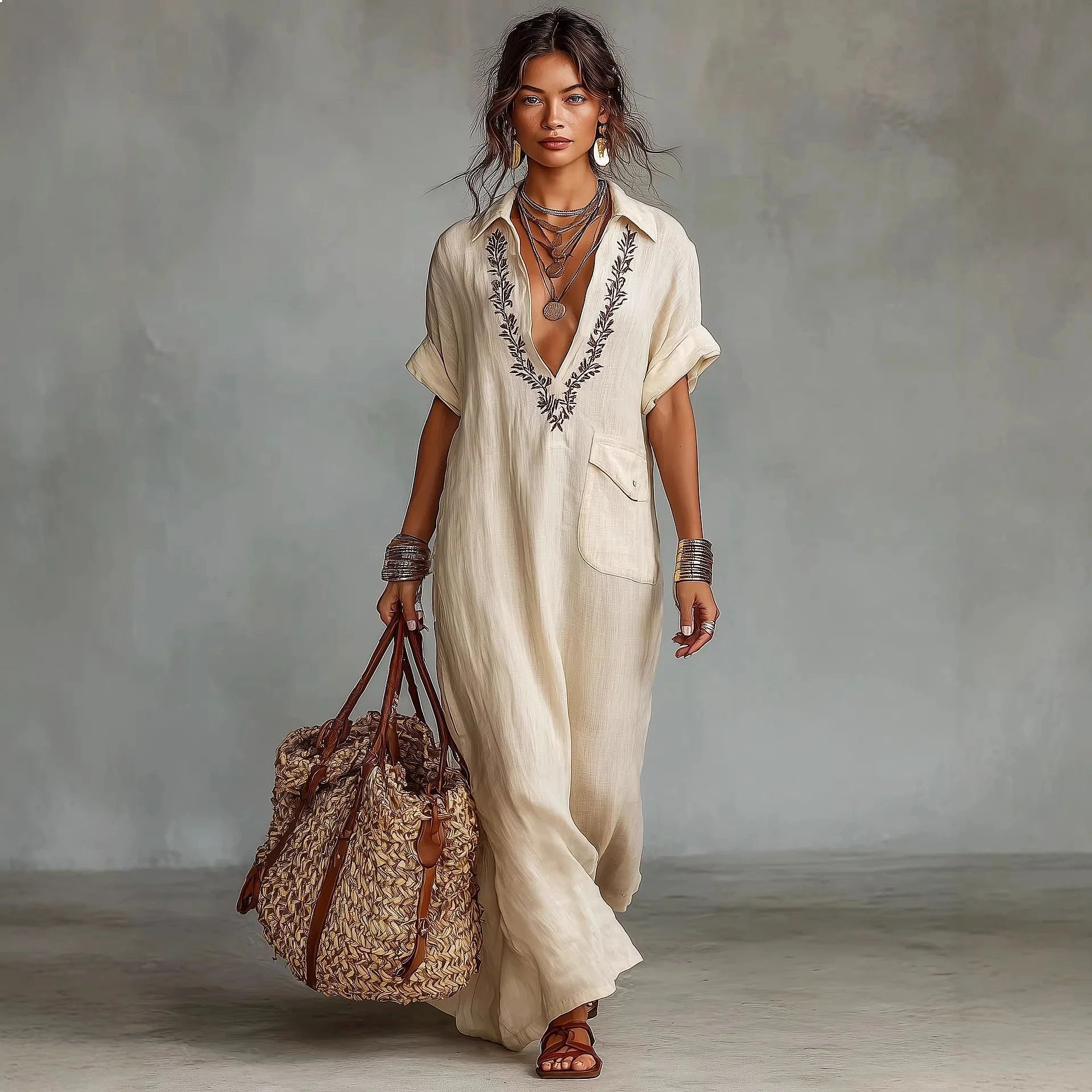 Vintage Floral Embroidered Dress with Pockets and Collar Spring Summer Dresses