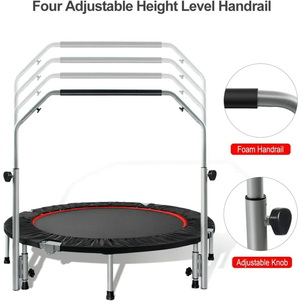 48 Foldable Fitness Trampolines with 4 Level Adjustable Heights Foam Handrail,Jump Trampoline for Kids and Adults Indoor&Outdoor