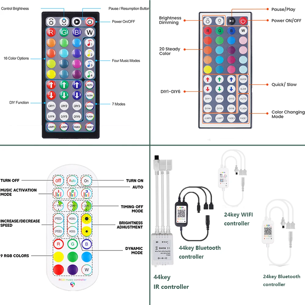 WIFI Bluetooth RGB Neon LED Strip 5m 10m 20m 30m Light 24V 24key 44key Remote Control EU US UK AU Power Kit 60LED/m Waterproof