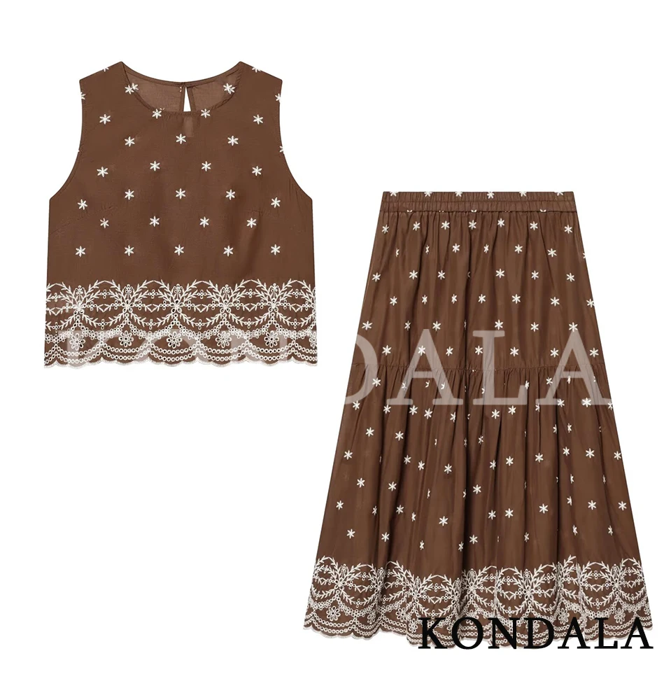 KONDALA Woman Chic Embroidery Skirt Set Summer Holidays Trendy Tank Tops, Elastic Waist Skirt 2026 Fashion Elegant Casual Set