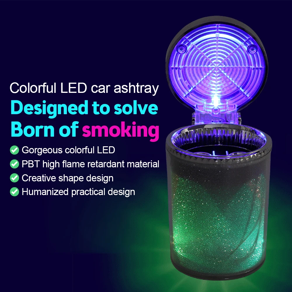 Car Ashtray Auto Ashtray With LED Light Mini Car Trash Can Portable Ashtray with Lid Suitable for Most Vehicles