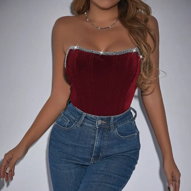 

Ele European One-Piece Velvet Bodycon Dr with Diamond Embelliment Slimming High-Waist ort-Pants for Women