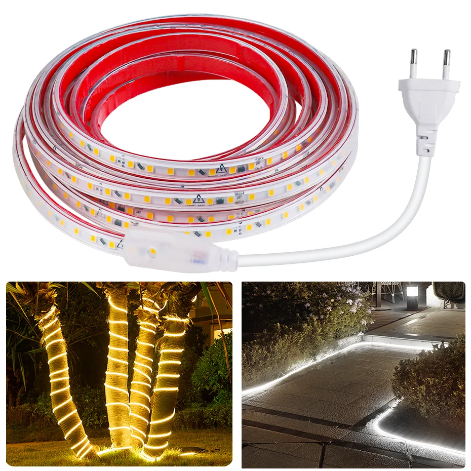 

Светодиодная лента AC220V 120 светодиодов/м Водонепроницаемая гибкая лента IP67 с клеем Теплый/холодный белый для гостиной Садовый светильник