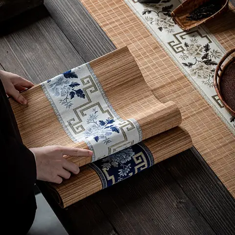 Tapete de té bordado, tapete de bambú, camino de mesa de té clásico Vintage, almohadilla para taza de té, mantel, rima antigua, flor de estilo chino