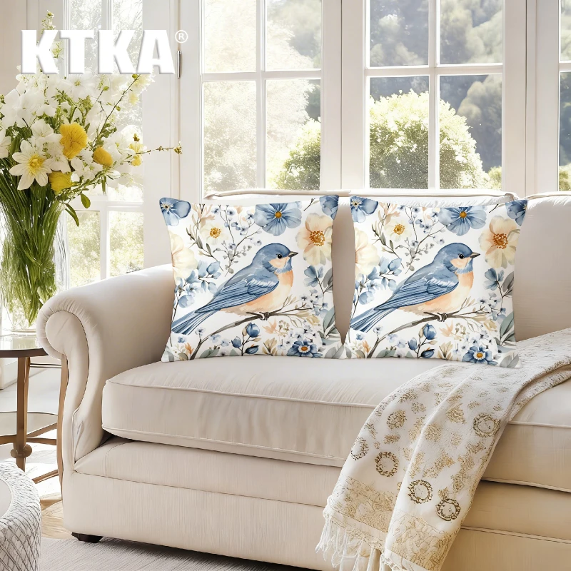 2Pcs, Watercolor Blue Bird Floral Pillow Cover, Single-Sided, Zipper Closure, Washable Polyester - Perfect for Sofa, Living Room, Bedroom Decor, Decorative Pillows.