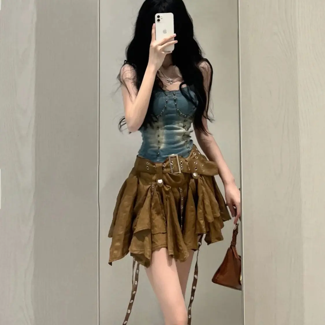 New Style Fashion Heavy Slim Fit Denim Camisole Vest High Waist Irregular Ruched Skirts 2024 Spring New Two Piece Sets