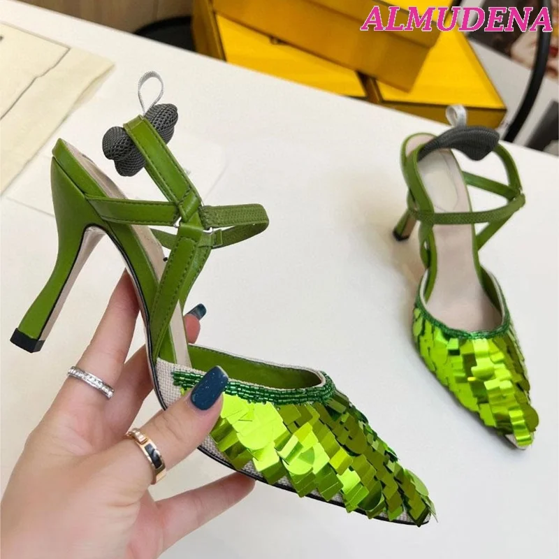 Glitter Bling Ankle Strap Pumps in Green\\Pink\\Sliver Top Quality Stilettos Sandals 2023 Summer Designer Party Shoes for Women