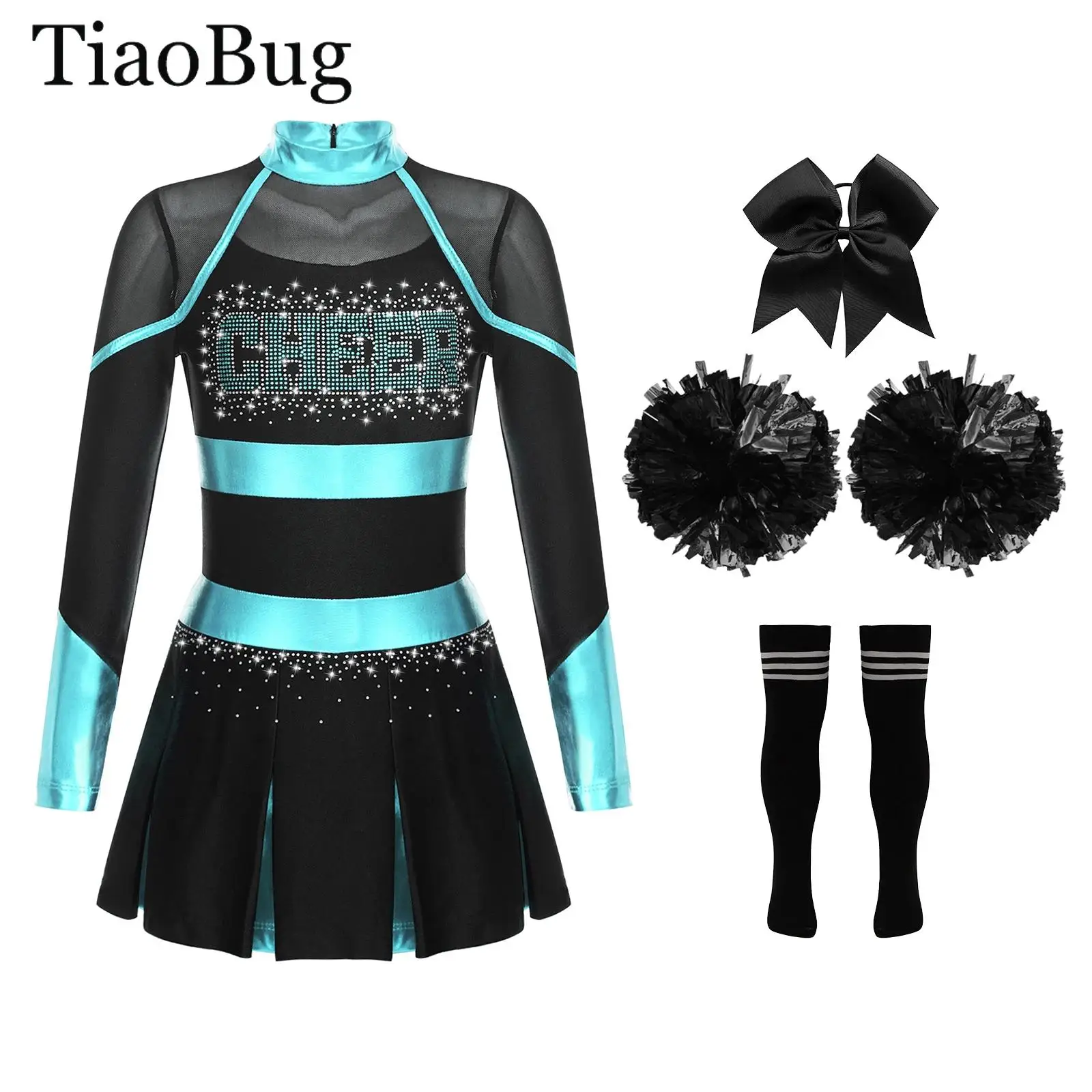 

School Girls Cheerleading Costume Cheerleader Dance Outfits Uniforms Rhinestones Letter Print Metallic Pleated Dress Dancewear