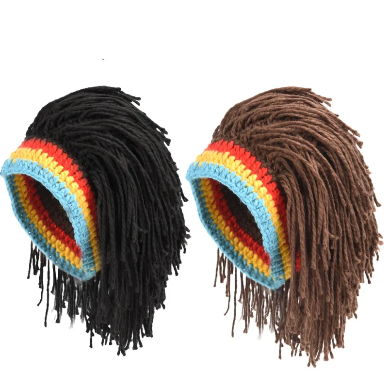 Women Men Synthetic Wig False Braid Dreadlock Knitted Cap Handmade Crochet Beanie Hat African Jamaica Cosplay Party Headwear Pro
