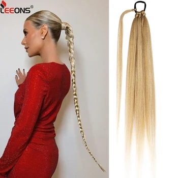 وصلات ذيل حصان صناعية طويلة مضفرة للنساء ، شعر مستقيم ياكي ، ملفوف حول الشعر ، ربطة شعر ، تصنعه بنفسك ، 26 بوصة