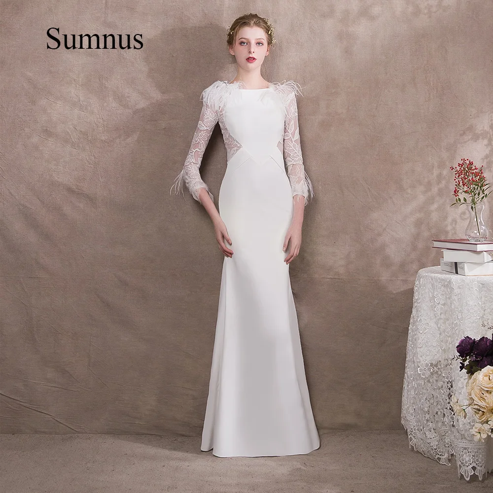 

White Satin Wedding Dresses Long Sleeve Feather Appliques Lace Bridal Gowns Floor Length Elegant Wedding Party Dress