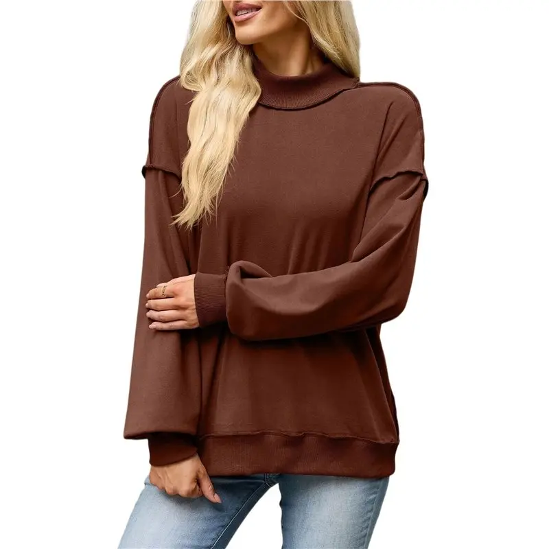 Women's Solid Mock Neck Raw Edge Loose Long Sleeve Sweatshirt Dark Red XL Eco-Friendly