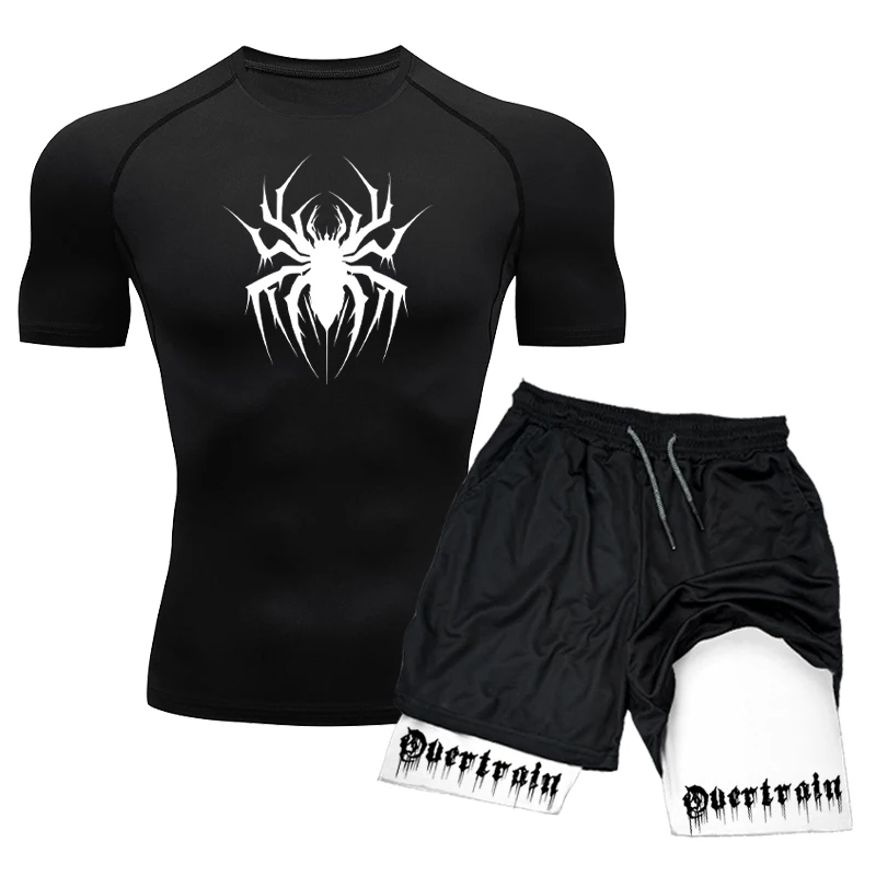 Men\'s Workout Compression Set Y2K Spider Printed Gym Tshirts Breathable Running Shorts Quick Dry Sports Rash Guard Sportwear Set