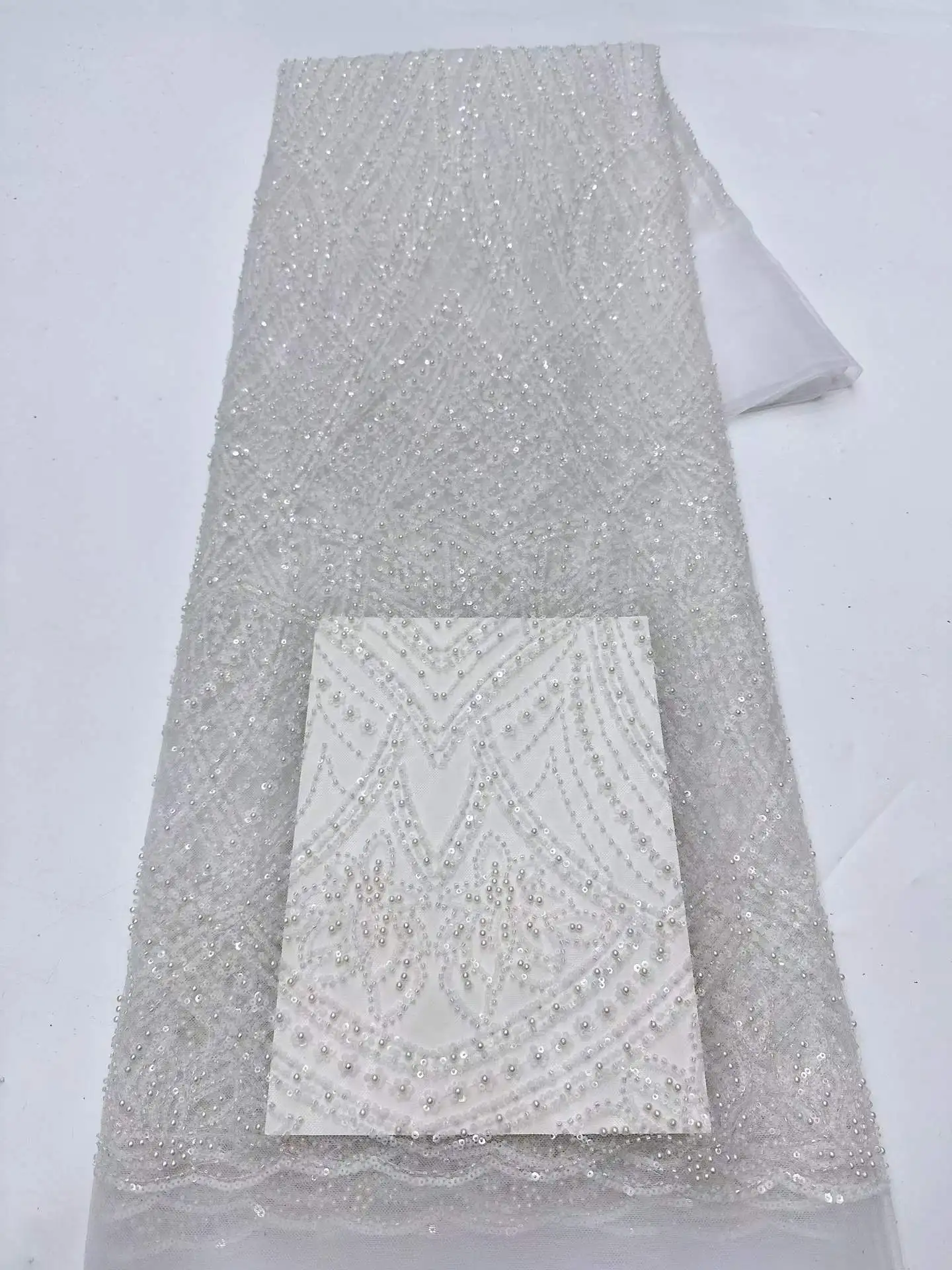 

Nigerian Embroidery Beaded Lace Fabric White 2026 French African Sequins Mesh Lace Fabric for Party Bridal Wedding Party Dress