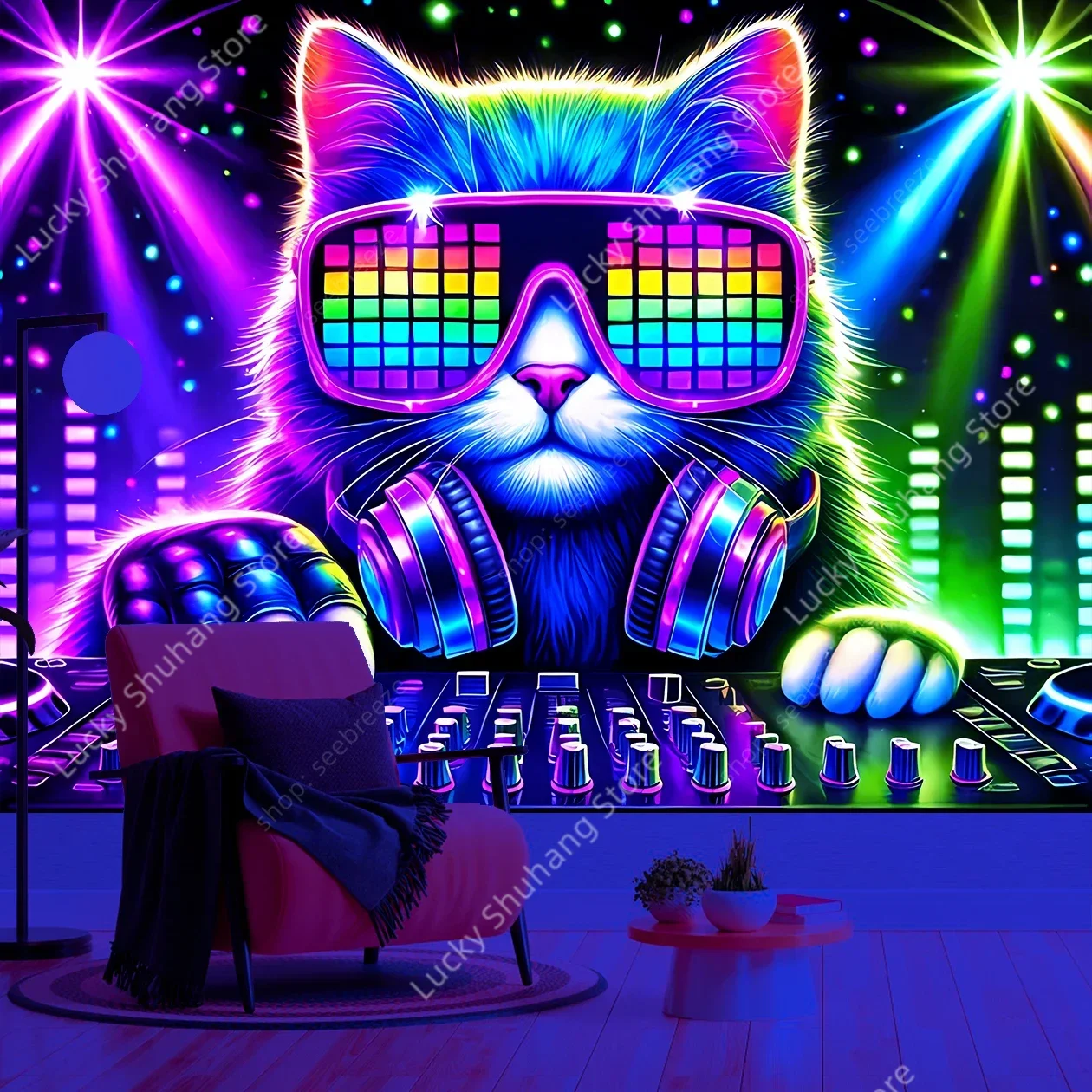 Vibrant DJ Cat UV Reactive Tapestry Perfect for Music Lovers Bedroom Decor Festival Vibes and Bohemian Style Wall Hanging Art