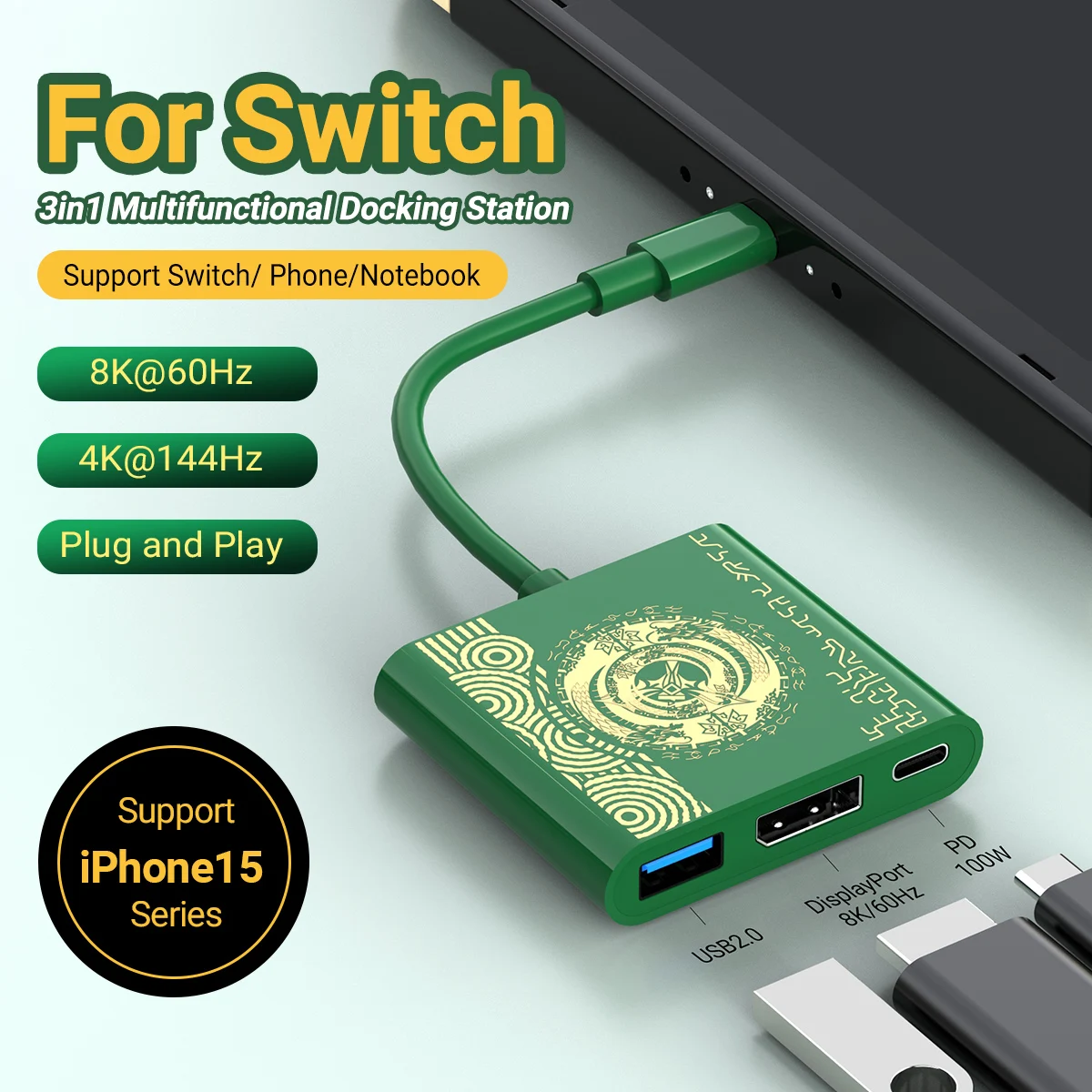 USB C TO HDMI 8K อะแดปเตอร์มัลติพอร์ต3-in-1 Type-C ฮับ100W PD พอร์ต3.0 USB สำหรับ Nintendo SWITCH /nintendo SWITCH OLED MacBook Pro