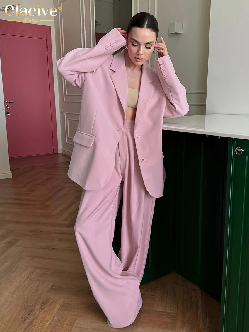 Clacive Fashion Loose Pink Office Pants Sets For Women 2 Pieces Elegant Long Sleeve Blazer With High Waist Wide Trousers Suits