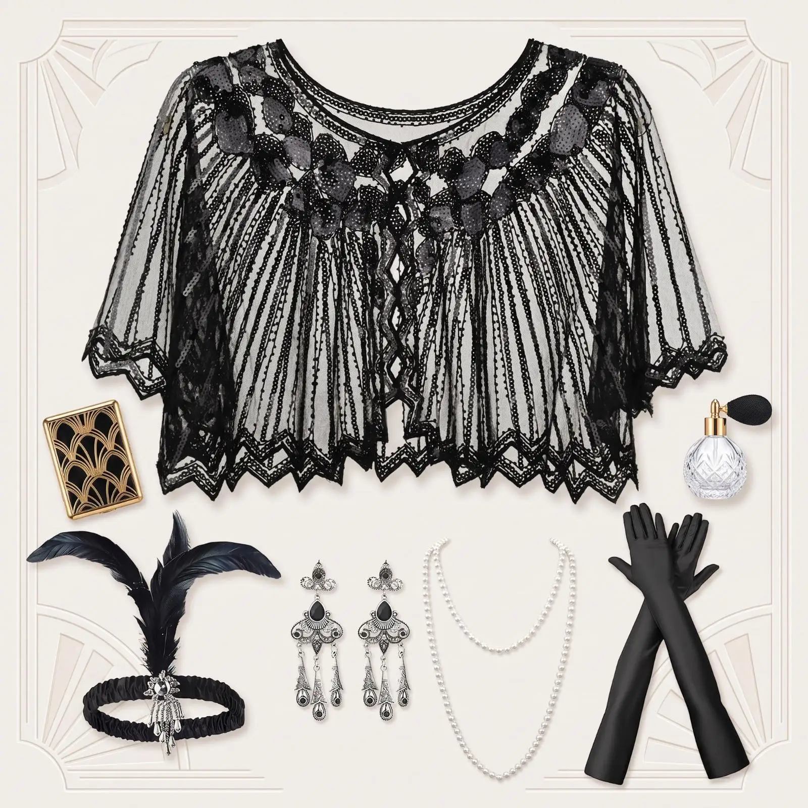5 Pieces 1920s Costume Set with Gloves | Layered Bead and Sequin Decoration, Costume Accessory Set with Shawl, 1920s, for Themed