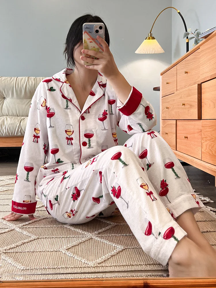 Damen Niedlicher Cartoon-Druck 100% Baumwolle Gebürstetes Pyjama-Set Frühling Herbst Langarm-Oberteil Lange Hose 2-teilig Loungewear Homewear – Detail 19