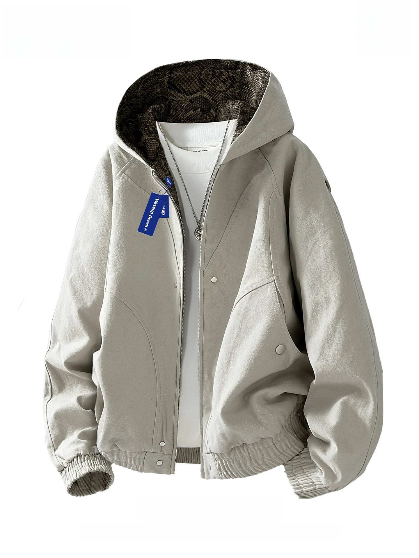 

WASSUP DOZEN American Retro Waed Snake Skin Pattern Jaet Hooded Men's Autumn Outerwear Casual Sle Loose Fit Cotton Blend