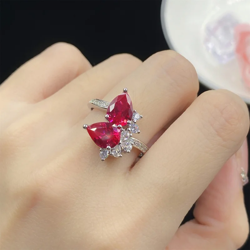 Red Corundum Water Drop Shape Three-Piece Full Diamond Open Ring for Women Elegant Luxurious Pendant Earrings Set