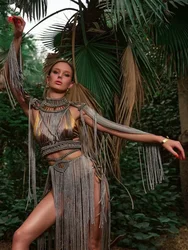 Leosoxs Handgehäkelte gestrickte Damen-Bikini-Vertuschungen, Sommerurlaub, Quaste, Strand-Badeanzug, sexy, aushöhlen, Röcke, passendes Set